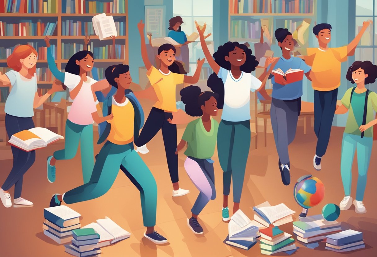 A group of students engage in a variety of performing arts activities, such as dancing, singing, and acting, while surrounded by books, science equipment, and other educational materials (Performing Arts)