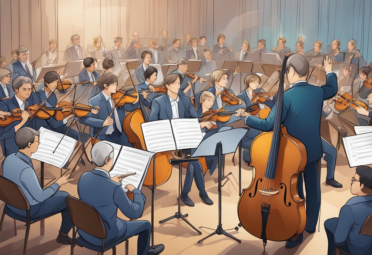 An orchestra conductor guiding musicians through a performance, while a chart tracks progress and assessment data in the background performing arts