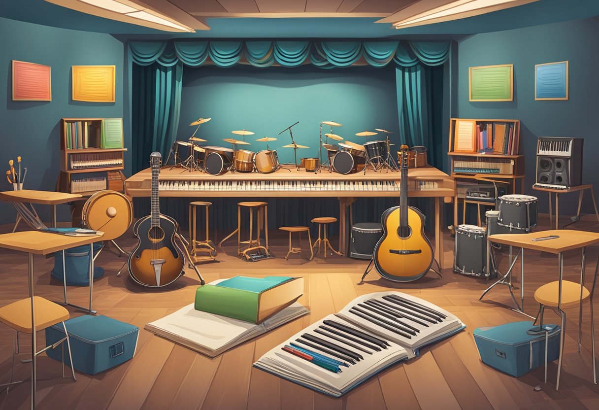 A stage with musical instruments, dance props, and theater sets surrounded by assessment tools and curriculum materials performing arts