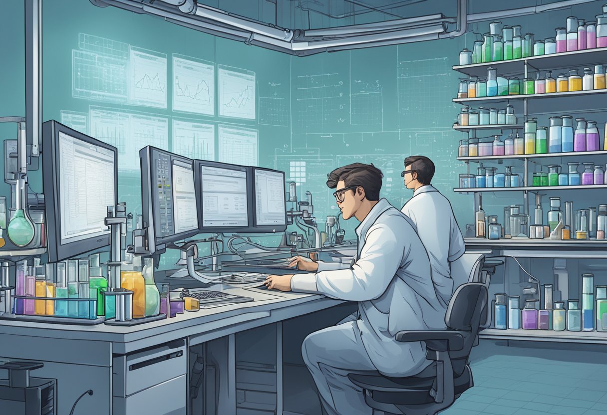 A scientist at a lab bench surrounded by beakers, test tubes, and scientific equipment, analyzing and graphing data on a computer screen(Science experiments)