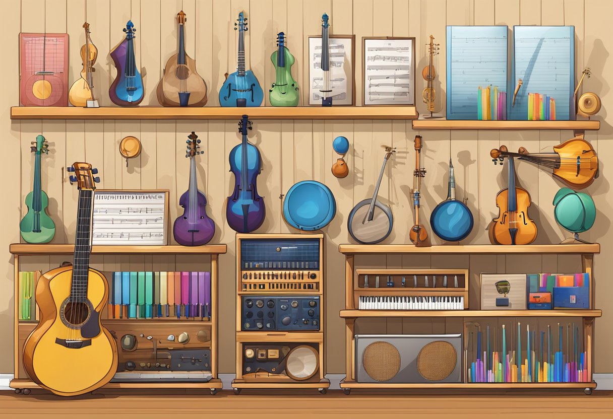 A group of musical instruments and dance props arranged neatly on shelves, with colorful progress charts and assessment forms displayed on the wall performing arts