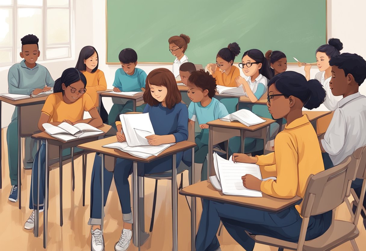 A group of students engage in various performing arts activities while a teacher observes and takes notes on their progress performing arts