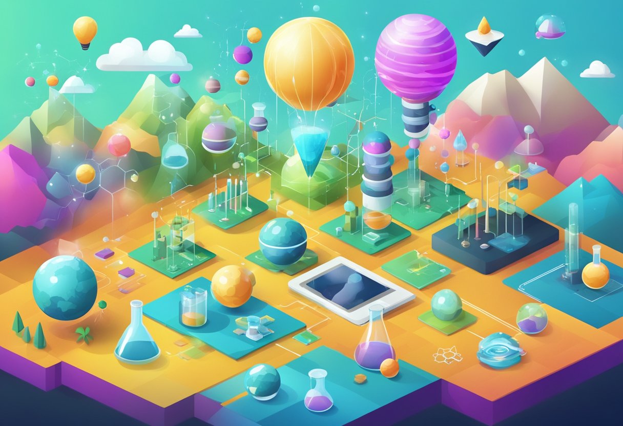 A colorful digital landscape with various science experiment icons and resources floating in the air