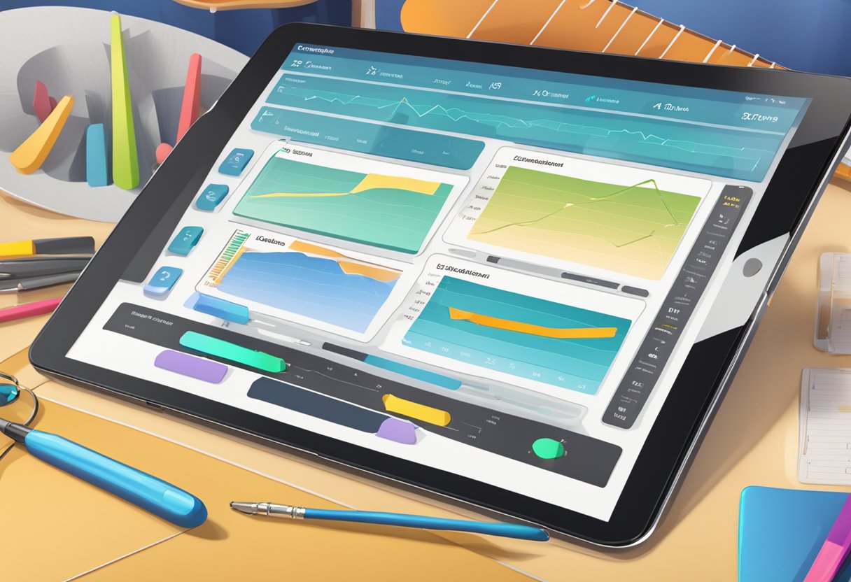 A modern tablet displaying various performance assessment data with musical instruments and dance props in the background