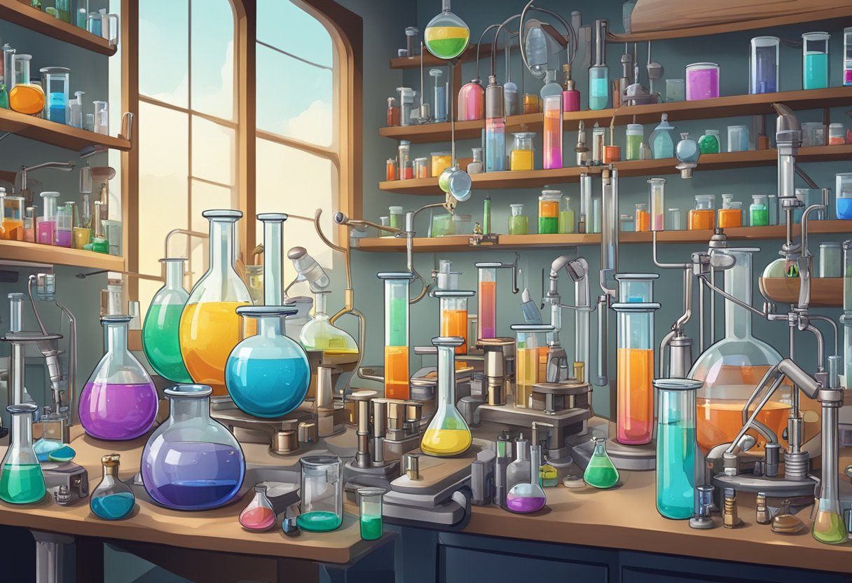 A cluttered laboratory with bubbling beakers, test tubes, and scientific instruments scattered across tables and shelves (Science experiments)