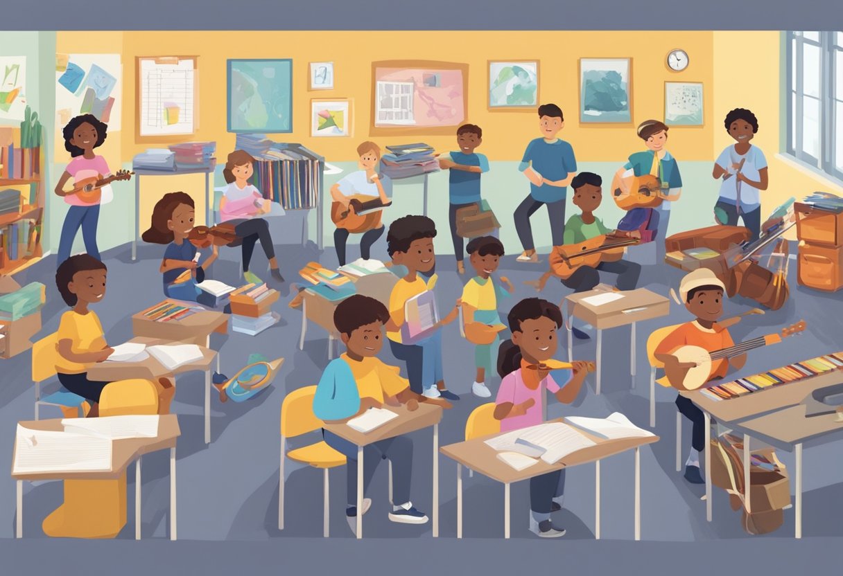 A classroom filled with musical instruments, dance props, and art supplies. Students engaged in various performing arts activities, while teachers observe and track progress