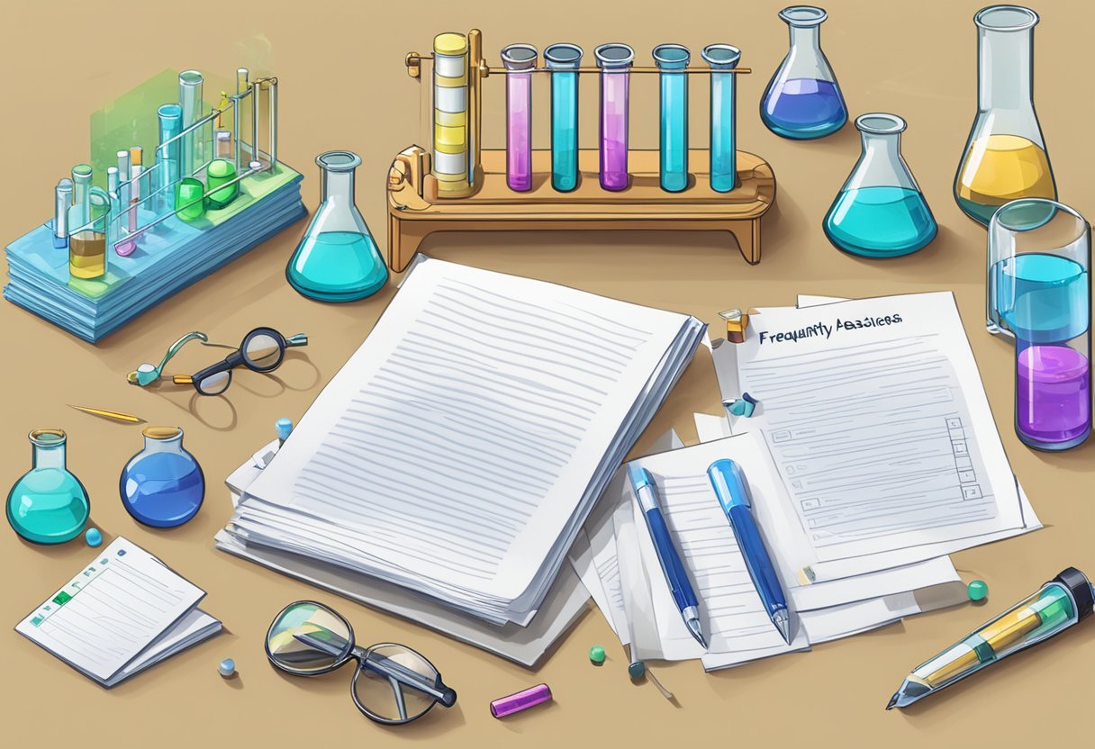 A table with various science equipment, beakers, and test tubes. A stack of papers with "Frequently Asked Questions Resource ideas for science experiments" written on it (Science experiments)