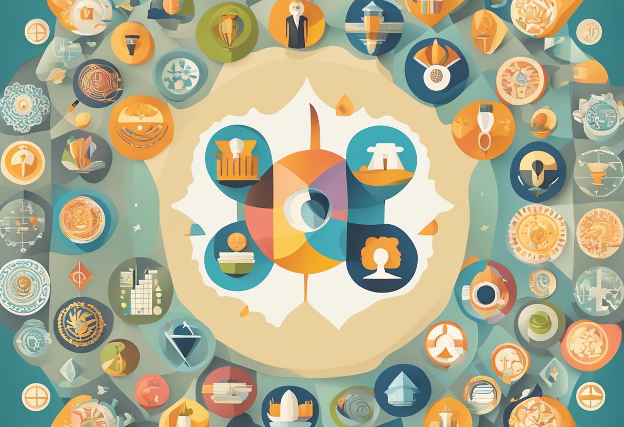 A diverse group of symbols and icons representing various cultural and psychological perspectives arranged in a circular pattern (Multicultural Education)