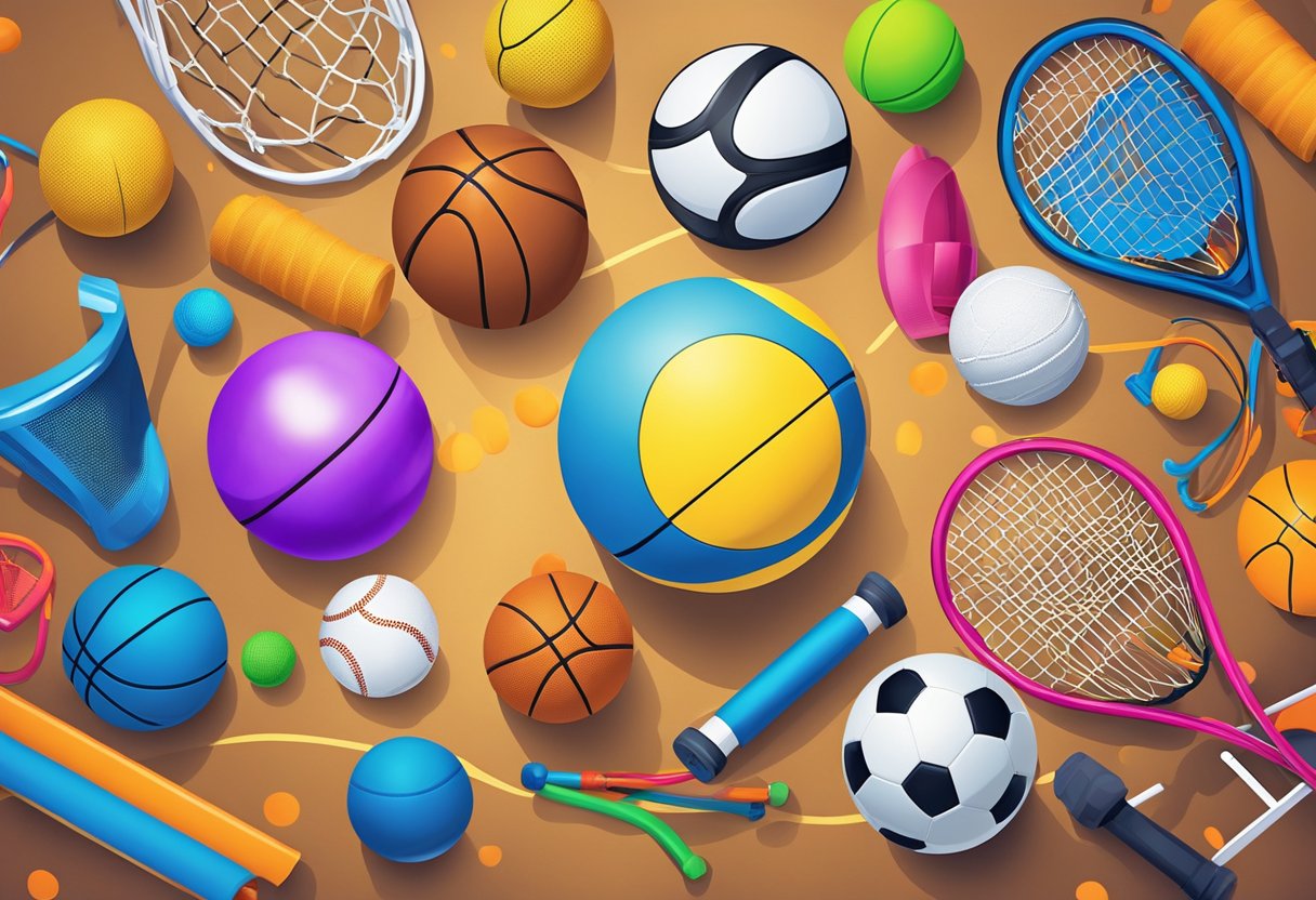 A colorful array of sports equipment scattered on a vibrant gym floor, including balls, cones, hoops, and jump ropes (Physical Education)