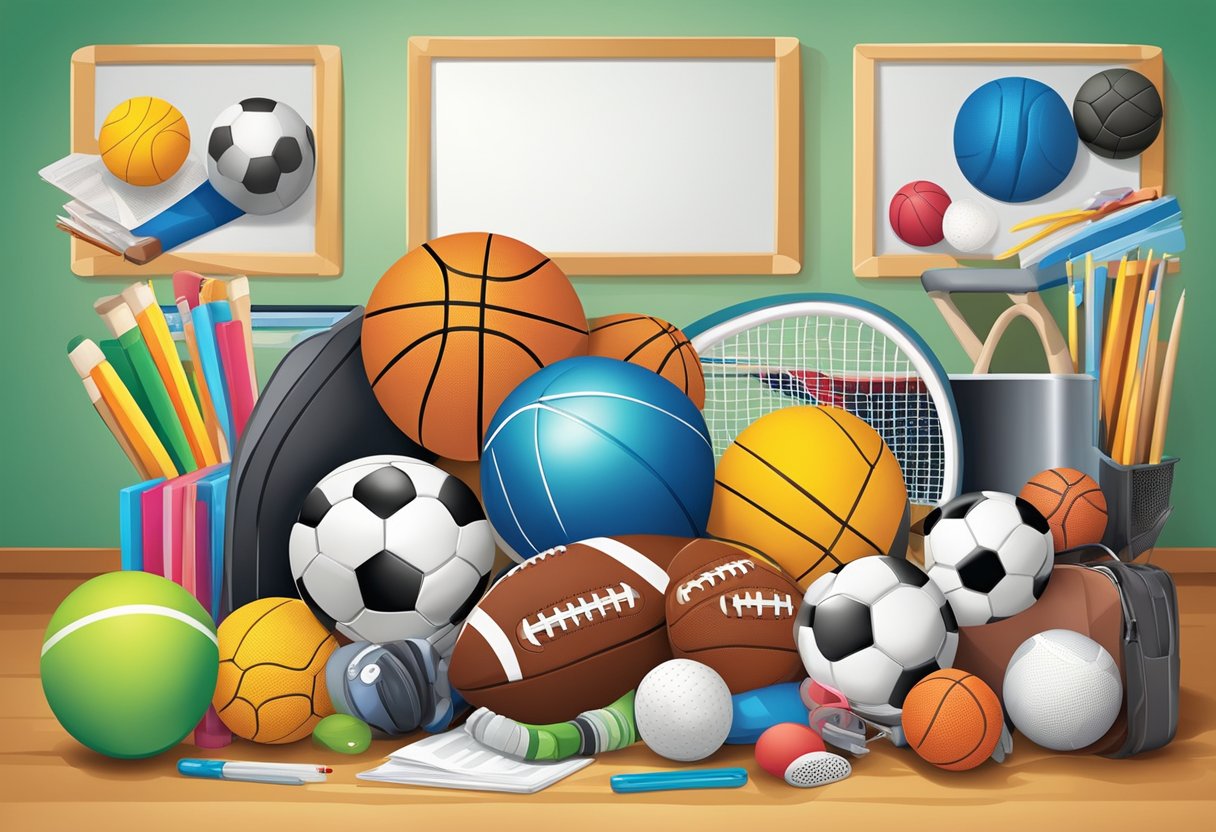 A colorful array of sports equipment and educational materials arranged in a dynamic and inviting classroom setting (Physical Education)