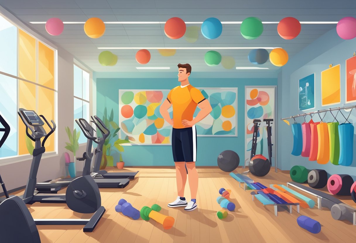 A (Physical Education) teacher stands in a gym surrounded by colorful equipment and sports gear, with posters of fitness exercises and diagrams on the walls