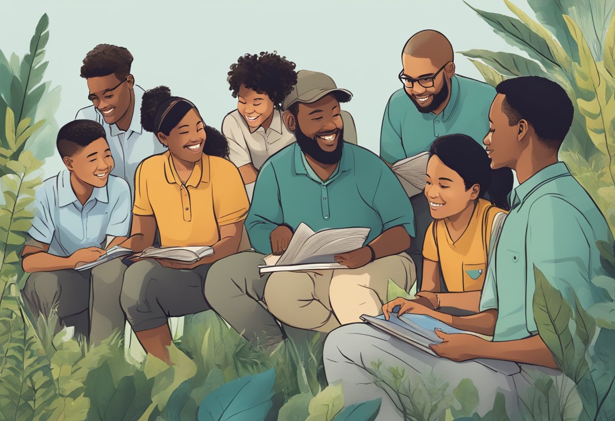 A group of educators surrounded by diverse wildlife, teaching and engaging with students using resource guides and interactive materials