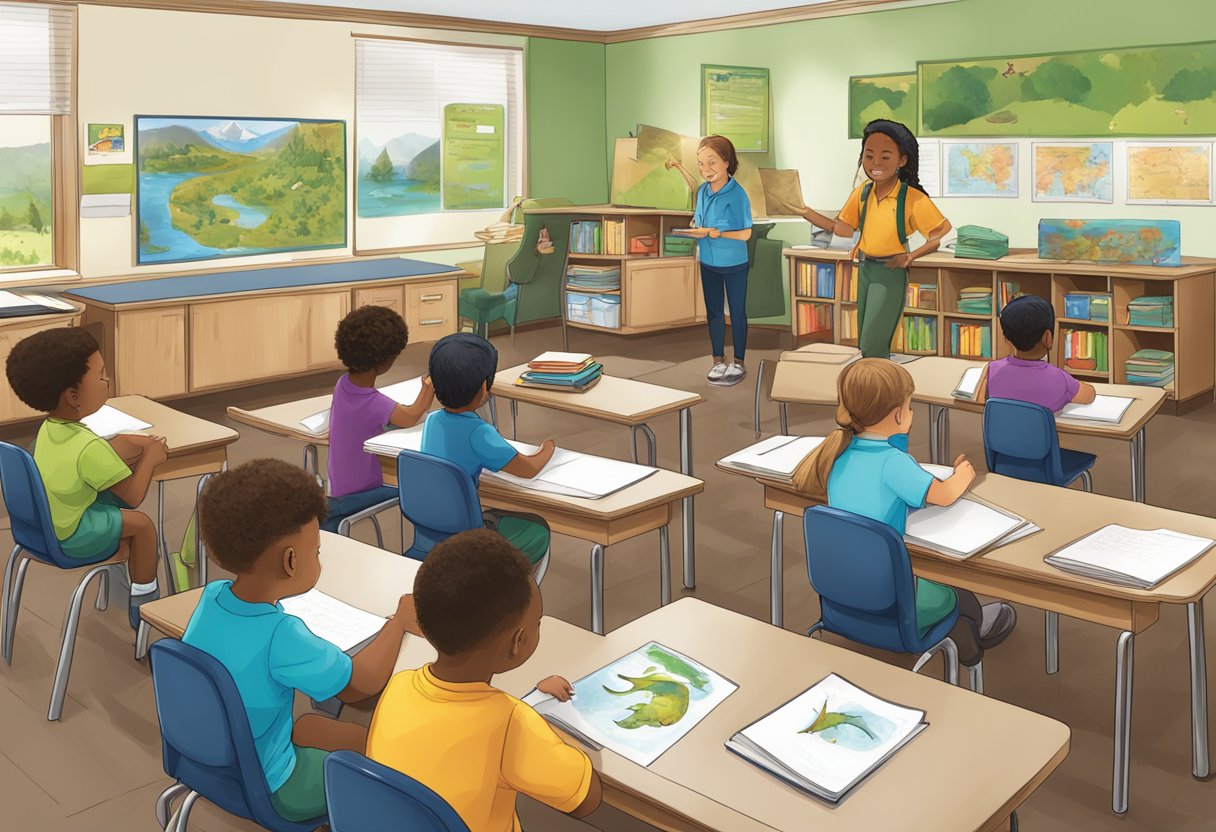 A classroom with students actively engaged in learning about wildlife through interactive lesson plans and resource guides