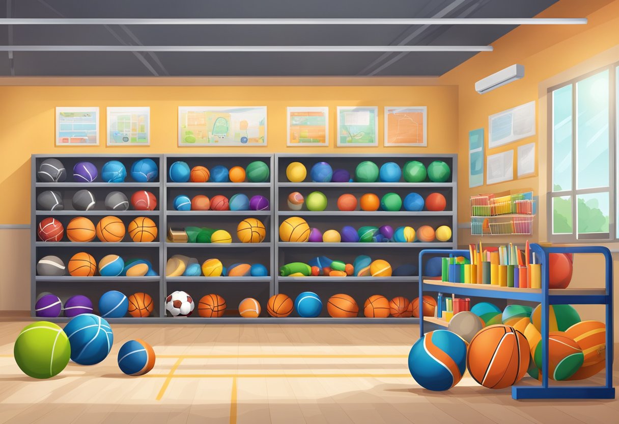A primary school gymnasium with sports equipment and academic resources neatly organized on shelves (Physical Education)
