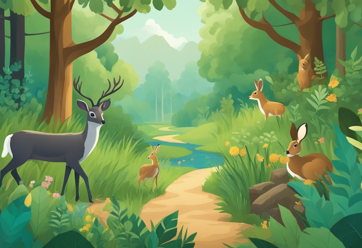 A lush forest setting with various wildlife such as birds, deer, and rabbits. A guidebook and educational materials are scattered around, indicating a focus on teaching and learning about nature