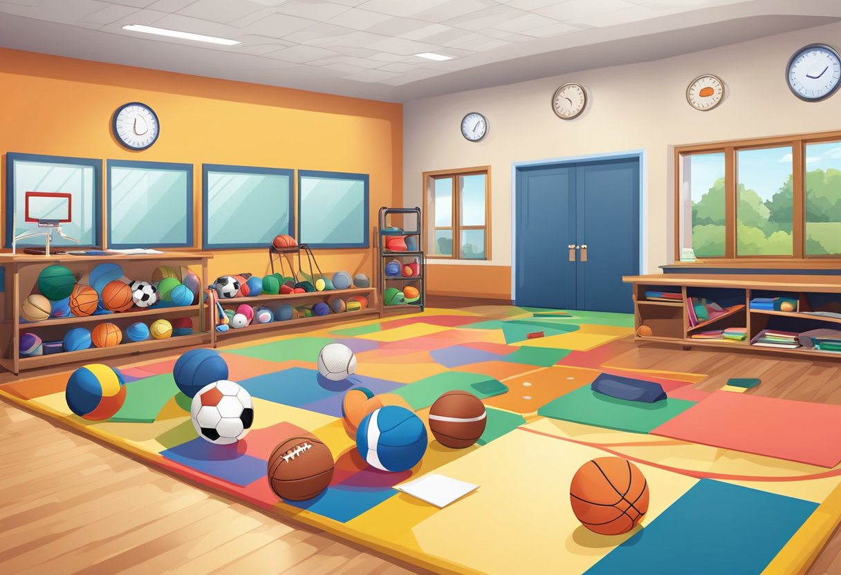 A colorful gymnasium filled with various sports equipment, including balls, hoops, and mats. A teacher's desk is stocked with lesson plans and educational materials (Physical Education)
