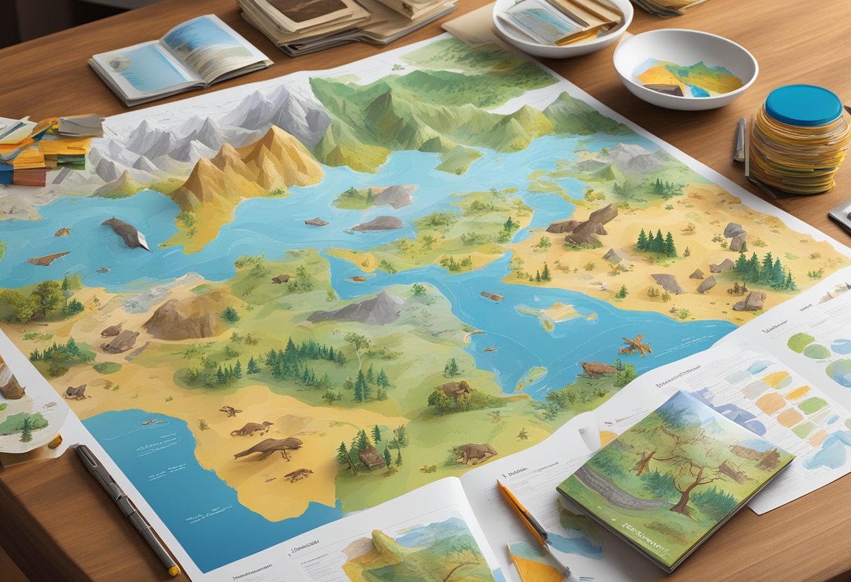 A colorful array of wildlife illustrations, charts, and maps spread out on a wooden table, surrounded by various educational materials and curricula resource guides