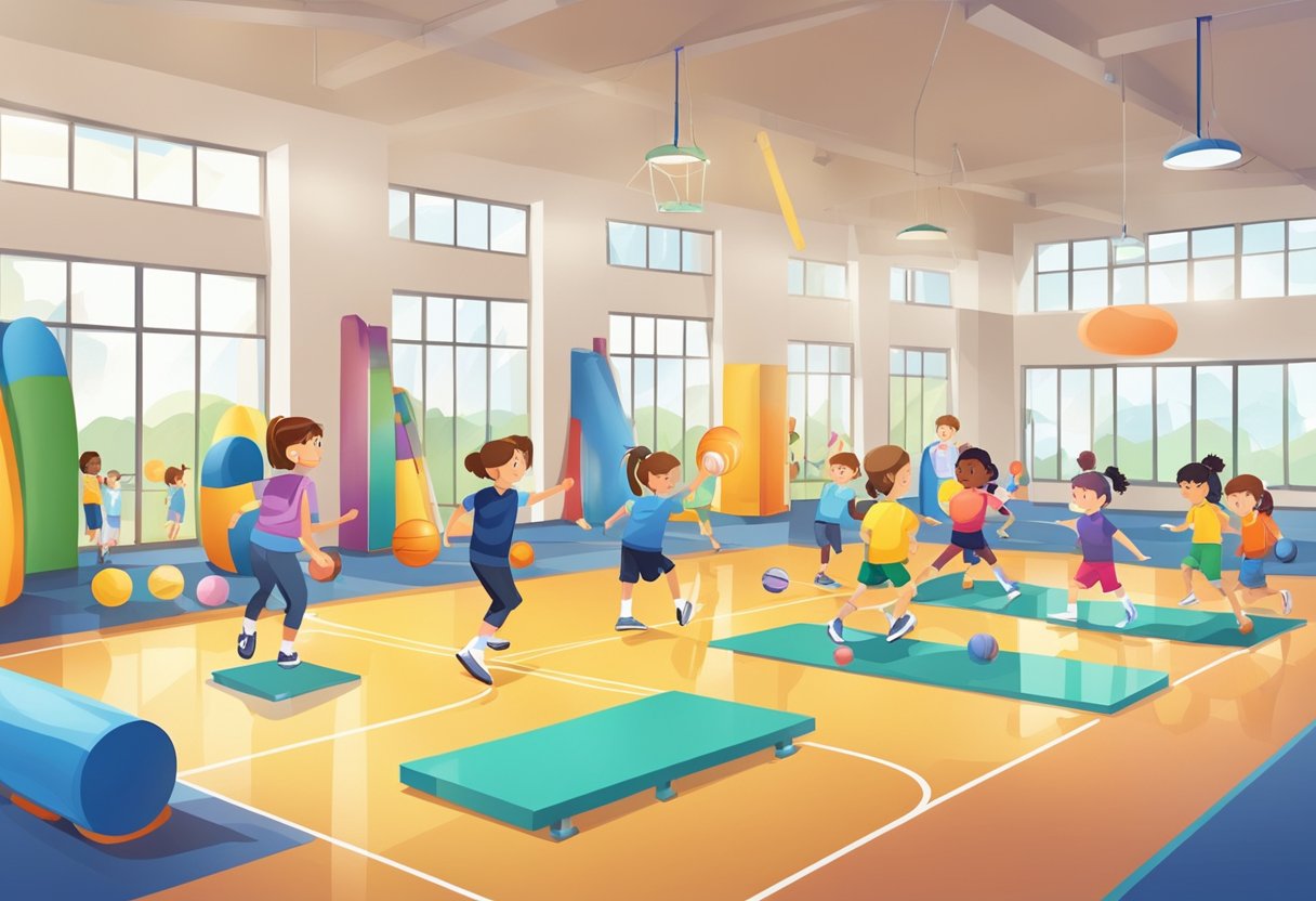 A group of primary school students engaged in various physical activities in a well-equipped gymnasium, with colorful equipment and resources for physical education programs (Physical Education)