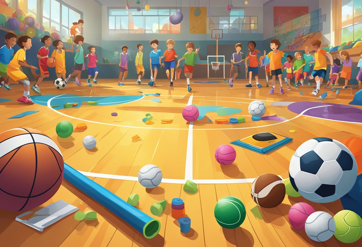 A colorful and diverse array of sports equipment and games scattered across a vibrant gymnasium floor, with children's laughter echoing in the background (Physical Education)