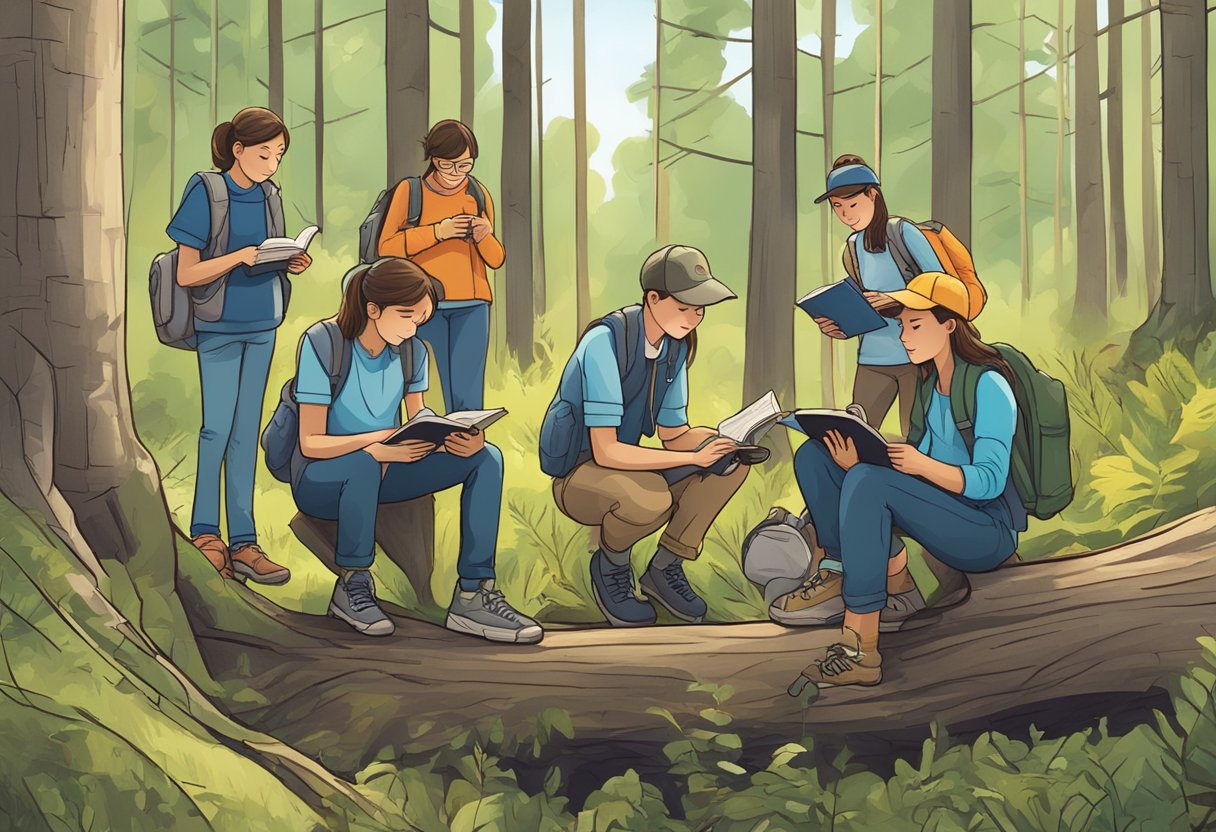A group of students and a teacher explore a forest, using binoculars and notebooks to observe and record wildlife. Nearby, a guidebook and field investigation tools lay on a tree stump