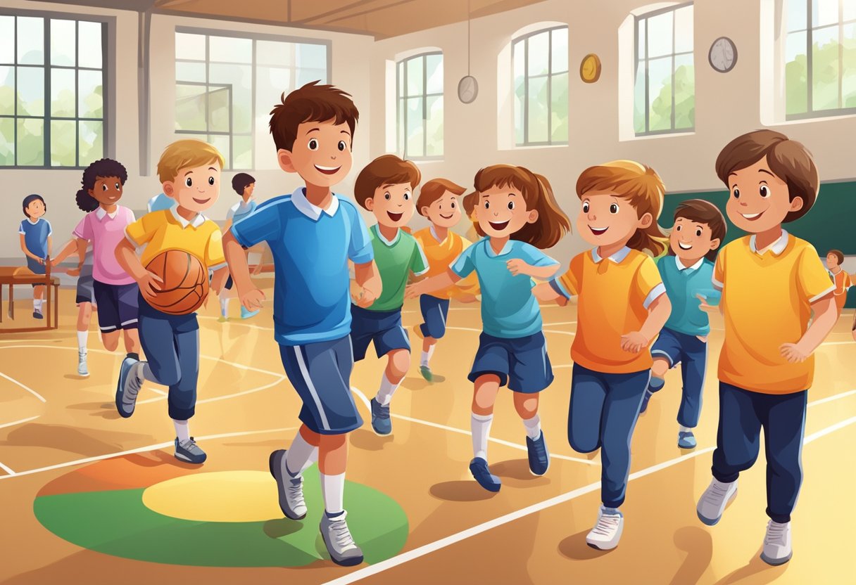 A group of primary school children playing sports in a gymnasium, while teachers and staff prepare to transition them to a secondary school setting (Physical Education)