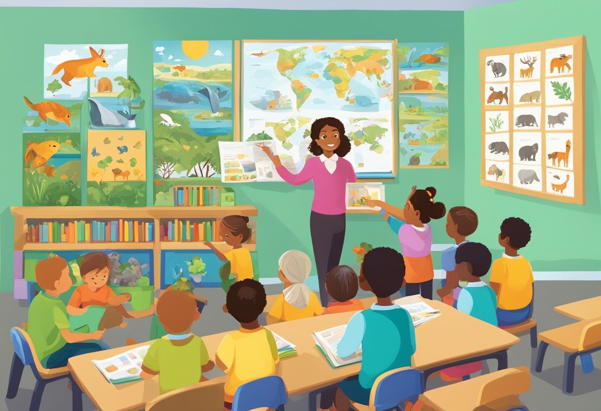 A colorful classroom with shelves of books, posters of animals, and educational toys. A teacher points to a chart of wildlife habitats while children listen attentively