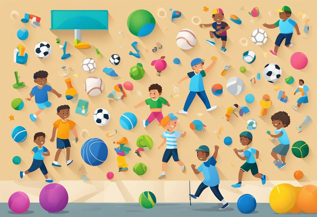 A colorful bulletin board with icons of sports equipment and playful illustrations of children engaged in physical activities (Physical Education)