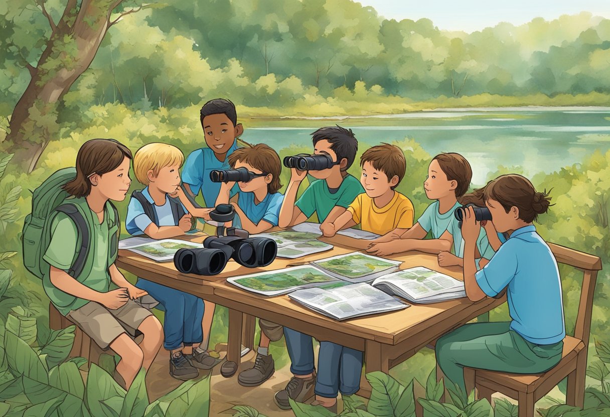 A group of children and adults use binoculars to observe various birds in a lush, natural setting. Field guides and educational materials are spread out on a nearby table (wildlife)