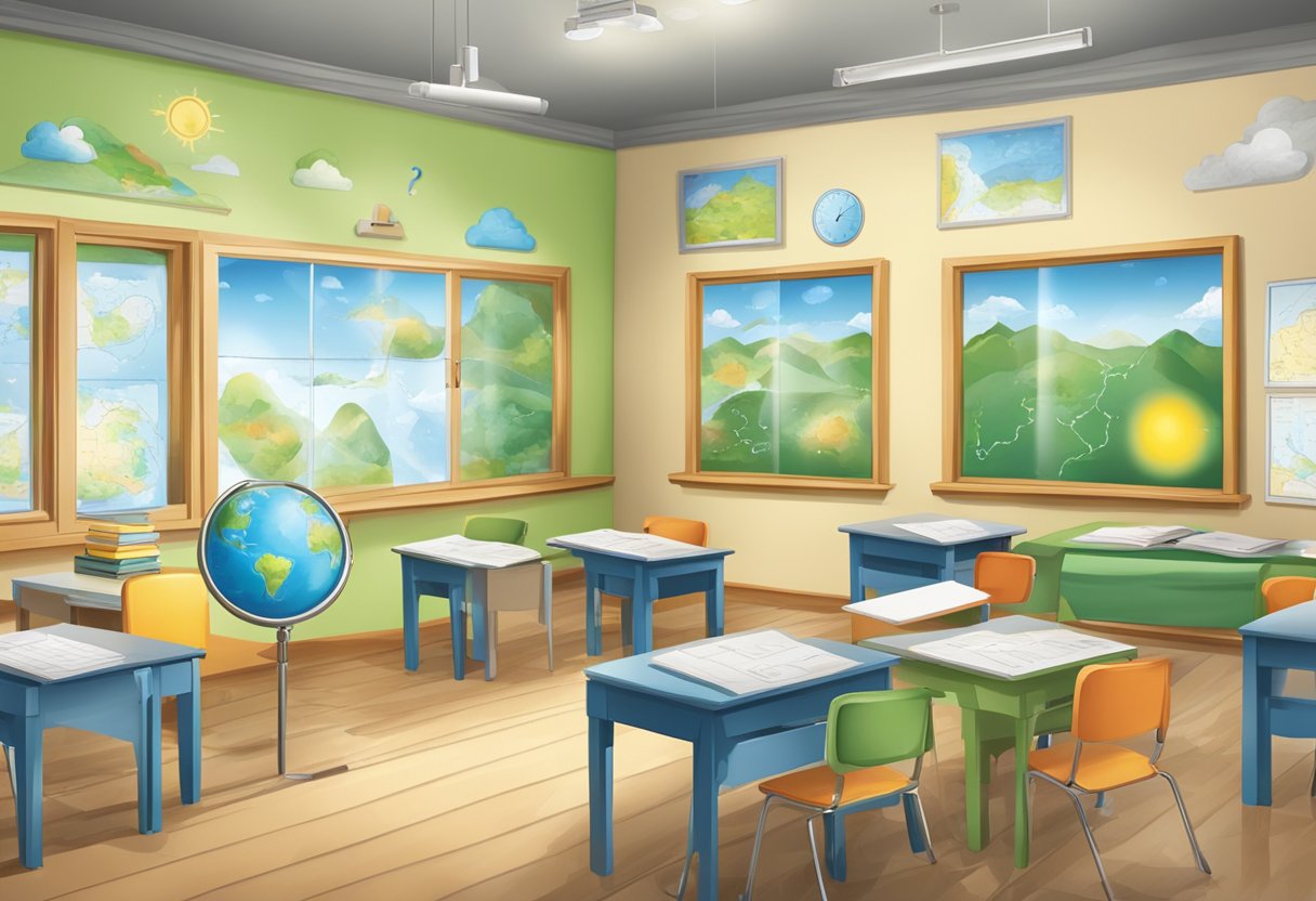 A classroom with weather charts, maps, and tools for primary education (weather study)