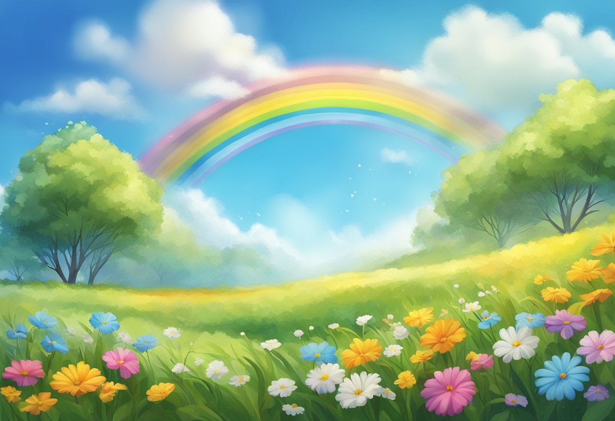A sunny day with fluffy white clouds, a rainbow, and a gentle breeze blowing through a grassy field with colorful flowers and a clear blue sky (Weather study)