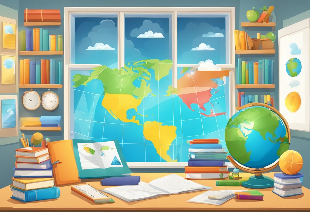 A colorful classroom with weather-themed posters, maps, and educational resources. A teacher's desk with weather instruments and books. (weather study)