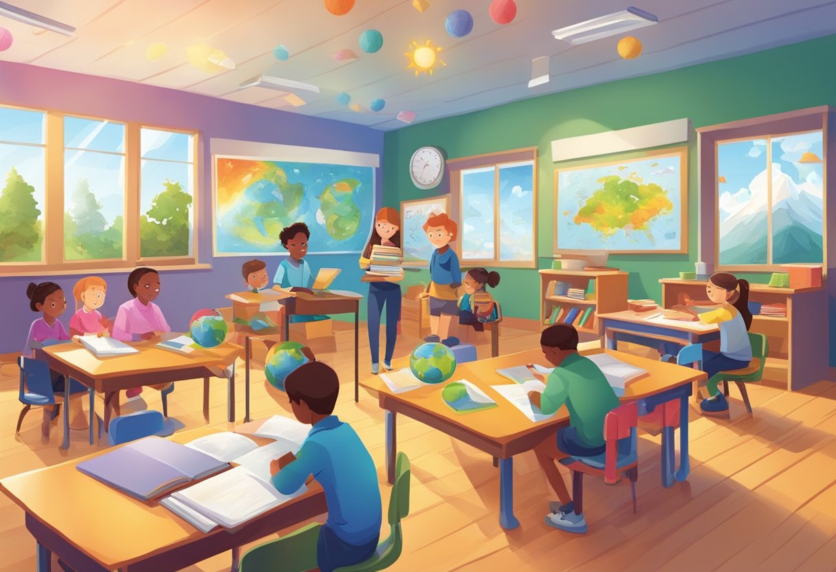 A colorful classroom with students exploring weather study materials and resources