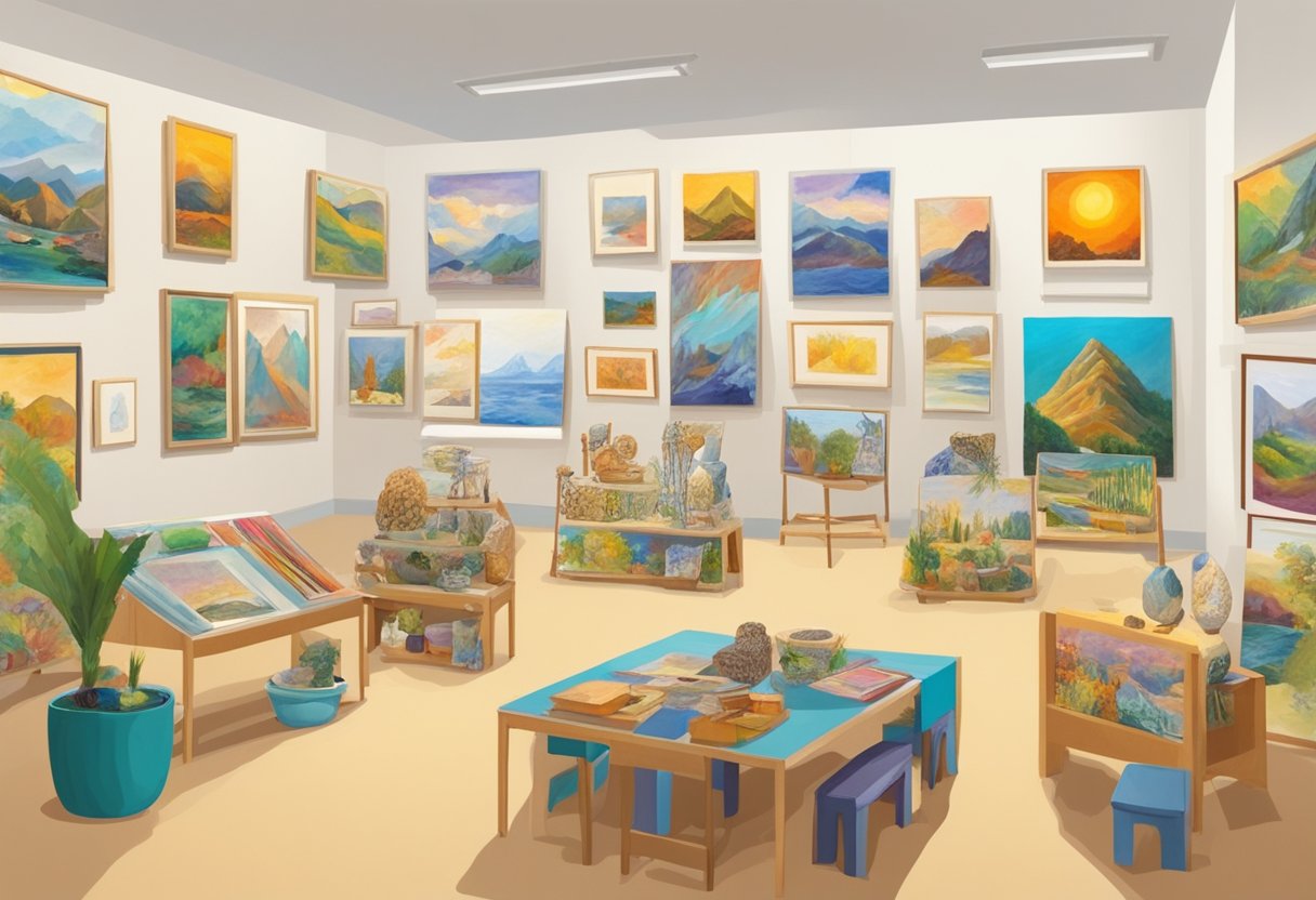 A colorful display of paintings, sculptures, and crafts from various cultures and styles fills the primary school art exhibition