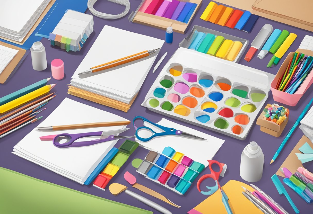 A colorful array of paper, markers, glue, and scissors arranged on a desk, ready for crafting