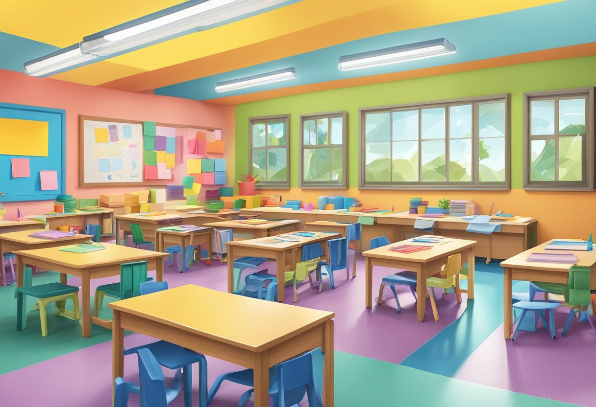 A classroom filled with colorful printable craft materials such as paper, scissors, glue, and markers spread out on tables for primary school students to use