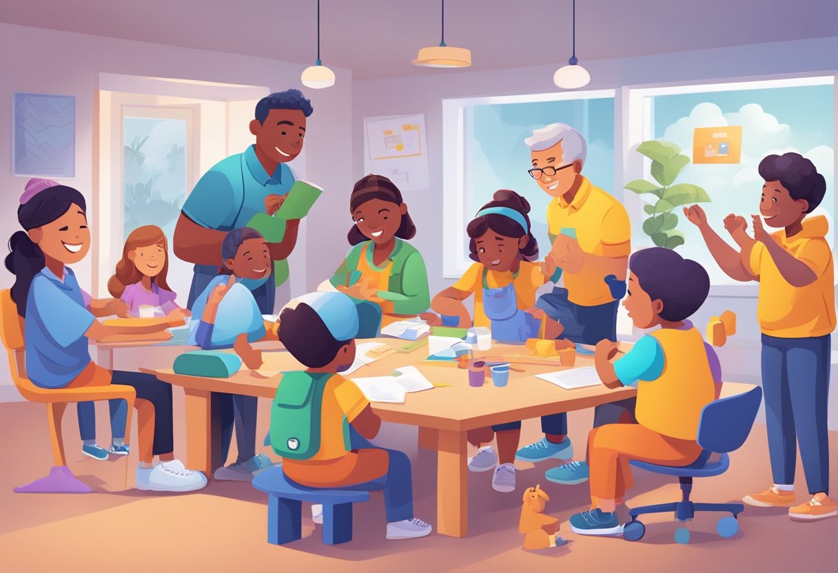 A group of colorful, animated characters engaging in activities that promote emotional intelligence, such as problem-solving and empathy-building exercises