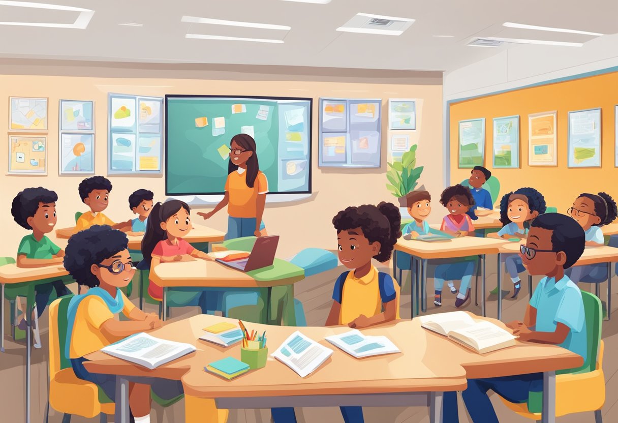A classroom setting with young students engaged in various activities promoting emotional intelligence, such as group discussions, role-playing, and interactive games