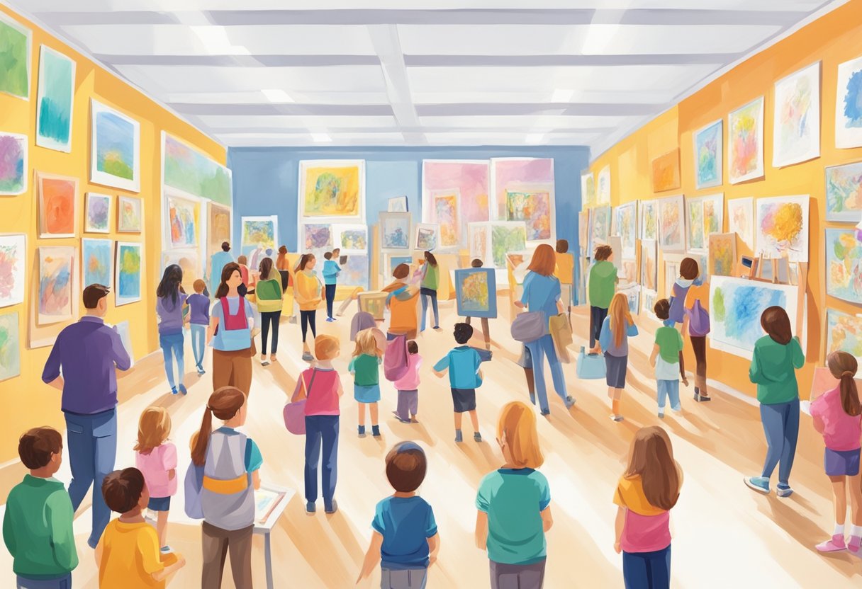 A colorful display of children's artwork on easels and walls, surrounded by eager parents and teachers at a primary school art exhibition