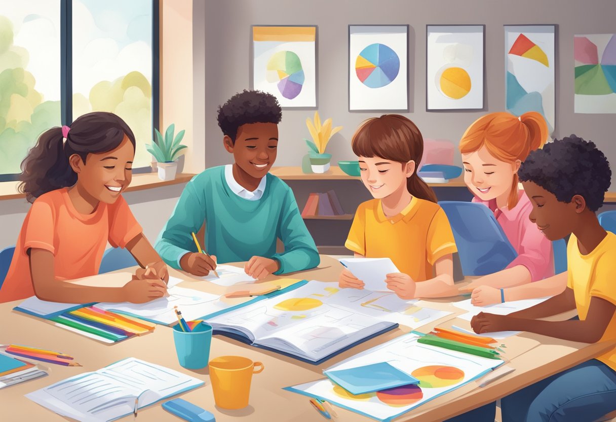 A group of young students engaging in activities related to emotional intelligence, such as sharing and listening, with colorful visual aids and materials