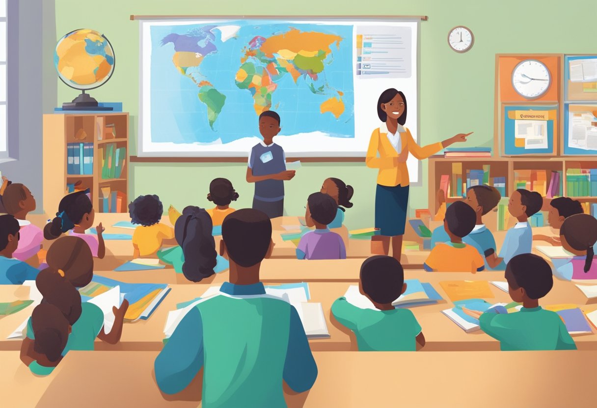 A classroom with colorful posters and books on human rights, a teacher pointing to a world map, and engaged primary students listening and participating in the discussion