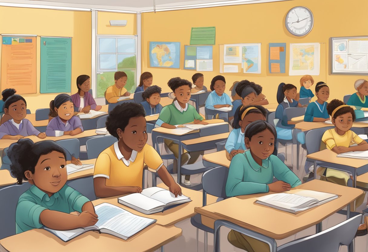 A classroom setting with diverse students engaging with educational materials on human rights