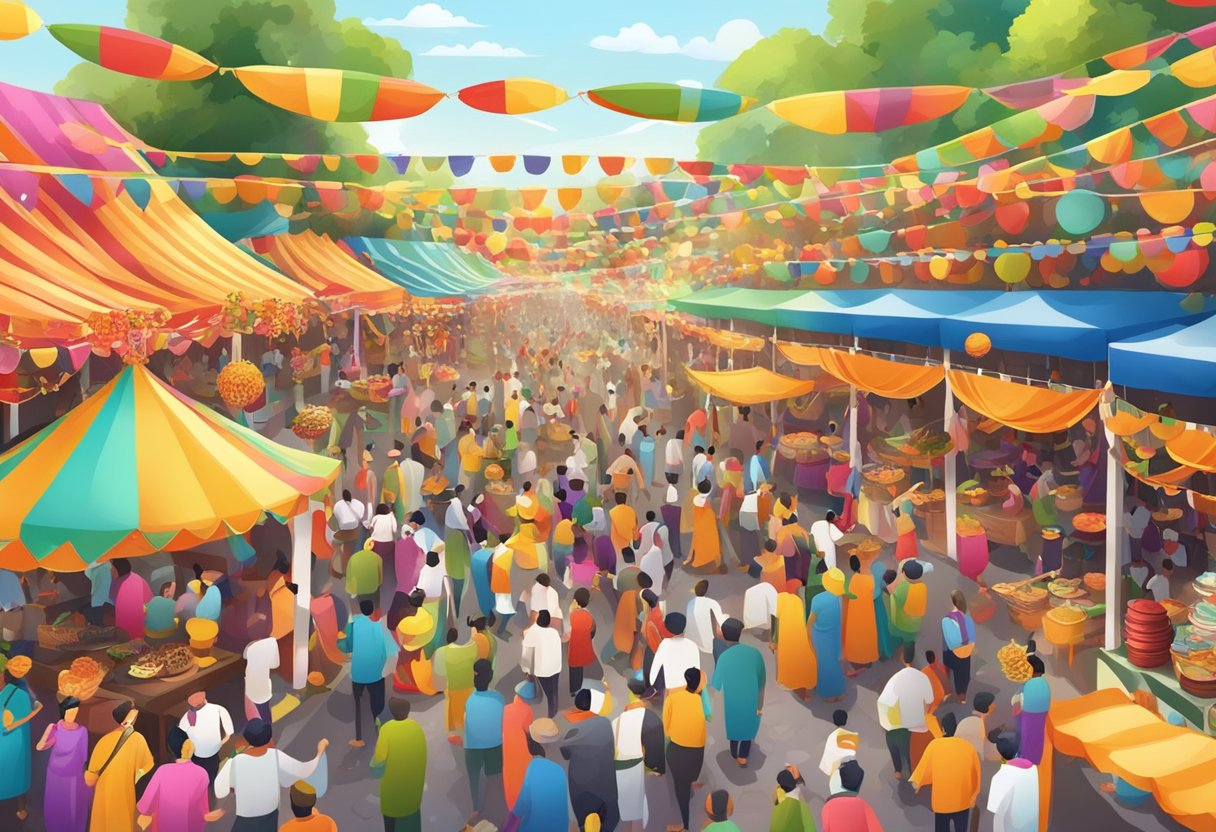 A colorful and lively cultural festival with traditional decorations, music, dance, and food stalls