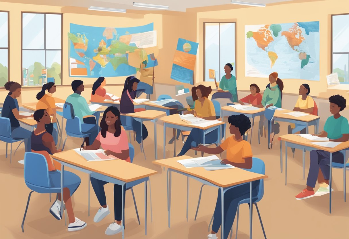 A classroom setting with diverse students engaged in group activities, surrounded by posters and visual aids related to human rights