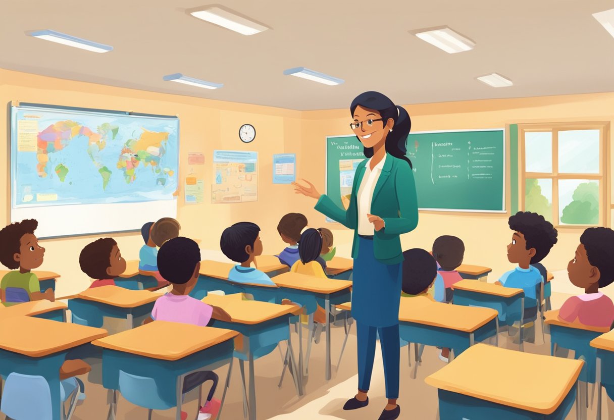 A classroom setting with a teacher at the front, using visual aids and interactive activities to educate young students about human rights and citizenship