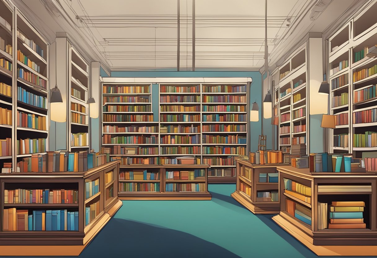 A library with shelves of books on design, art, and cultural studies, with colorful posters and artifacts displayed throughout the room