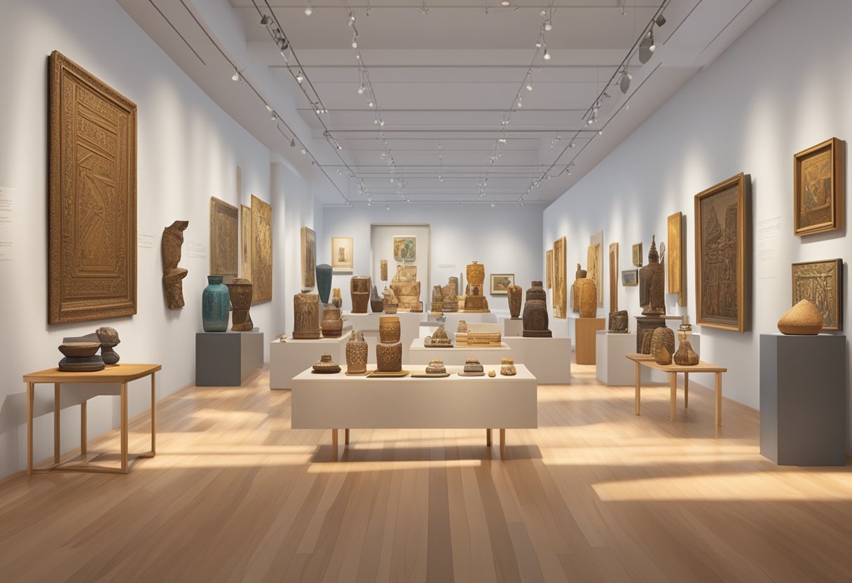 A diverse array of artifacts and artwork from different cultures displayed in a spacious, well-lit museum gallery
