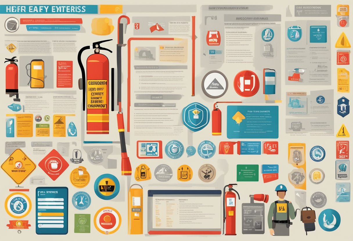A colorful poster displaying various public safety symbols and icons, such as fire extinguisher, seatbelt, and emergency contact information