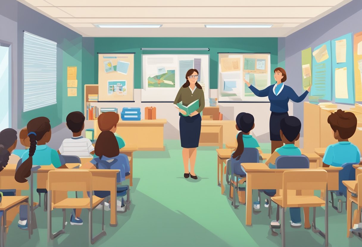 A classroom setting with a teacher presenting public safety materials to a group of students. Visual aids and educational posters are displayed around the room