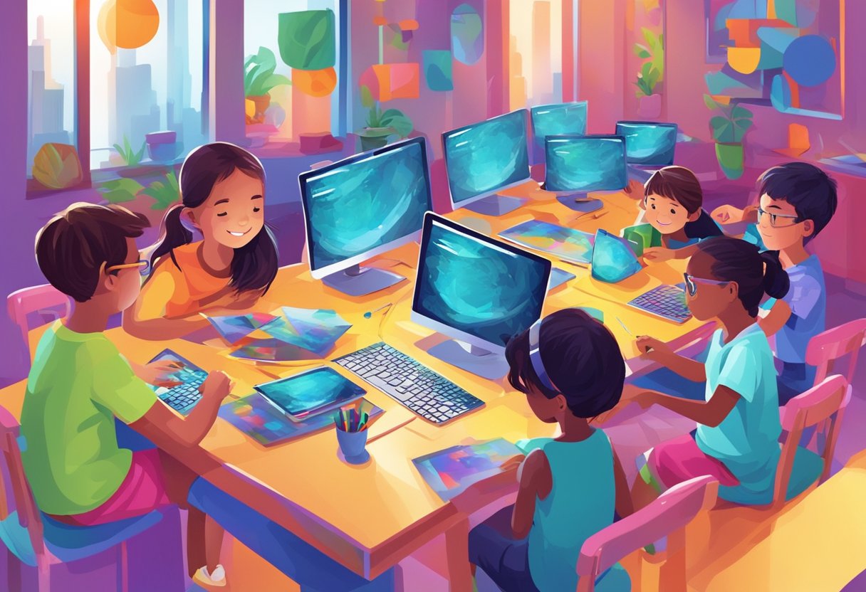 Effective Teaching of Digital Arts for Key Stage 2 Digital Art LearningMole A group of children sitting at a table, using computers and tablets to create digital art. Bright colors and imaginative designs fill the screens