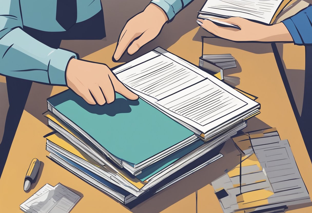 A stack of public safety manuals and pamphlets arranged on a table, with a person pointing to one of them while others look on